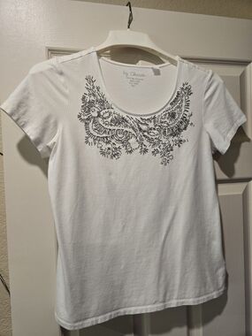 Chico's White Short-Sleeve Scoop Neck Tee with Silver Embellished Neckline